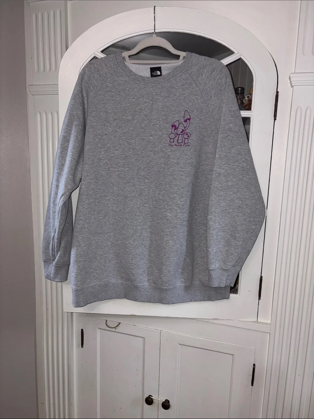 The North Face Grey Crewneck Sweatshirt with Purple Chest Logo Xxl Fits XL